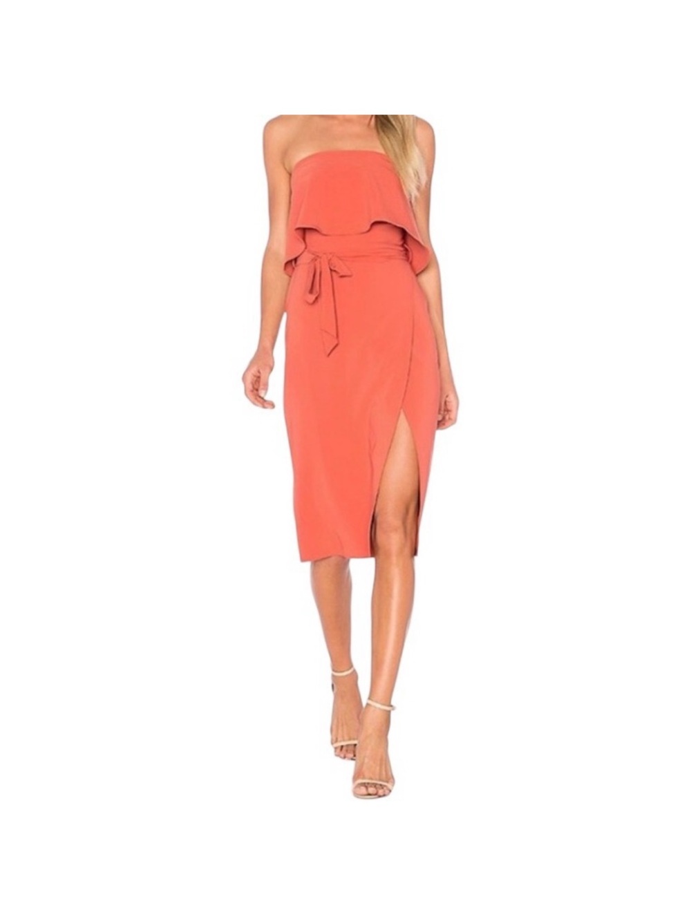 Lovers + Friends Max Midi Strapless Dress in Blood Orange